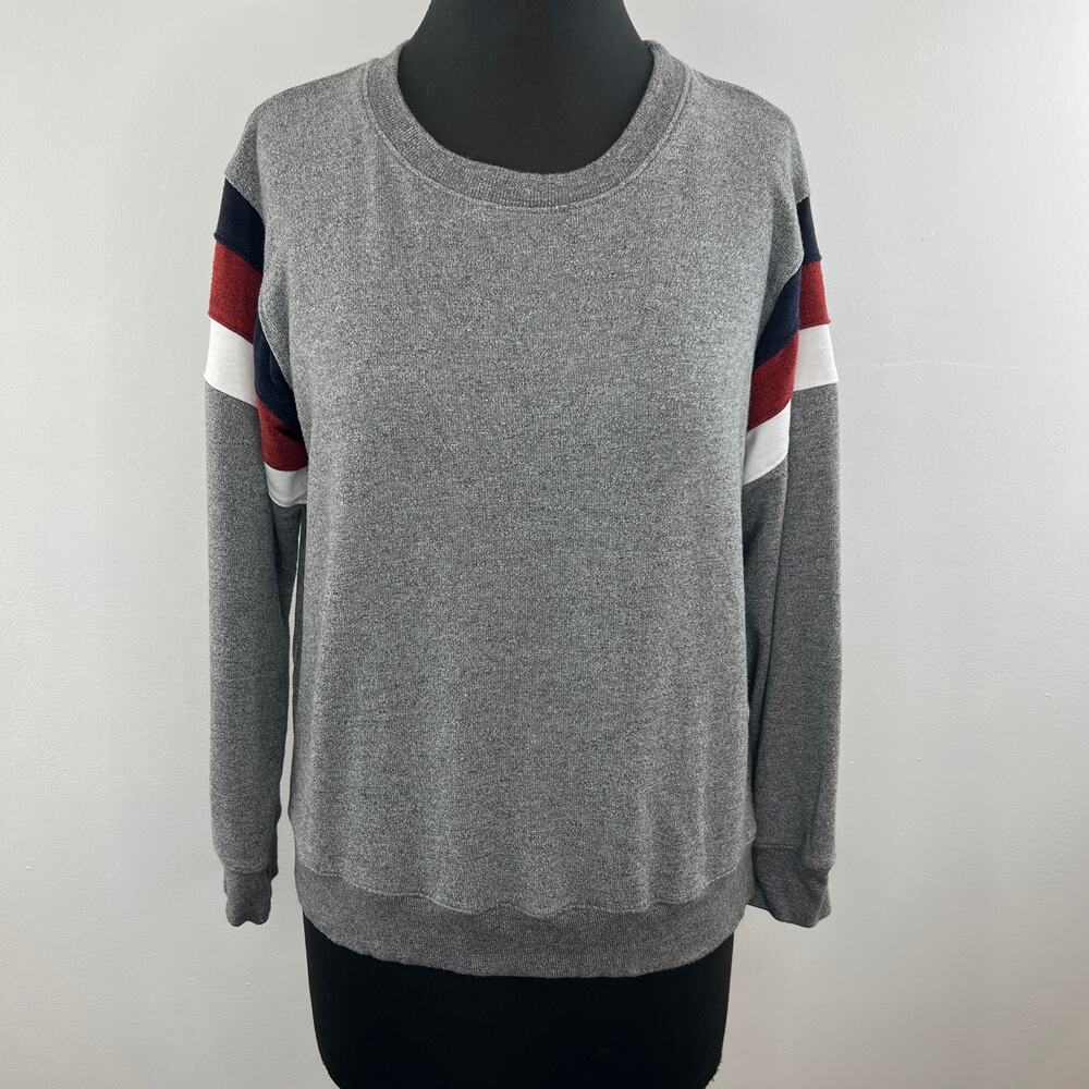 SUNDRY Heather Gray Crewneck Sweatshirt with Contrasting Shoulder Stripes 1 S